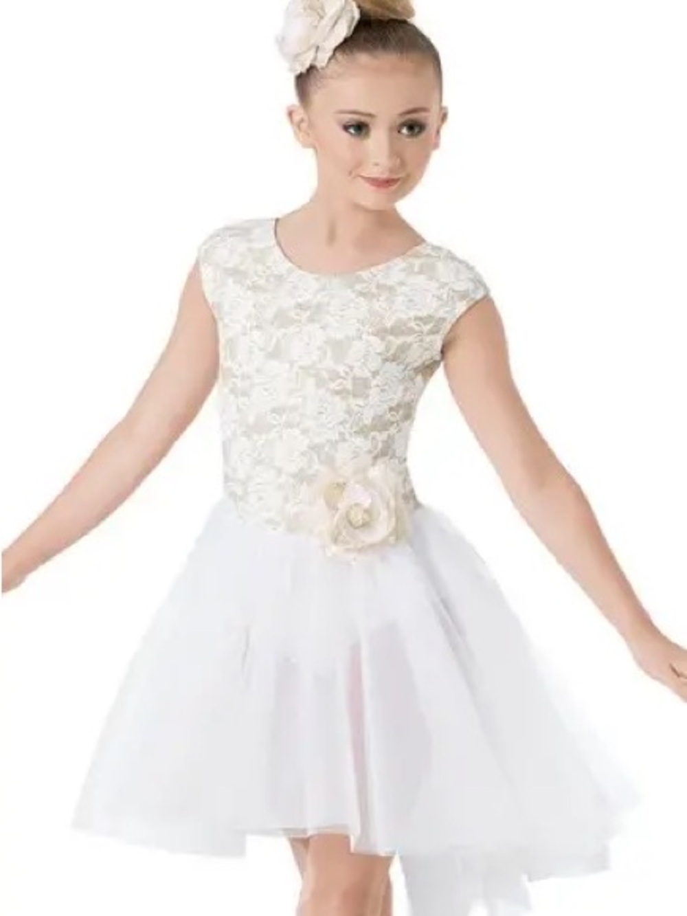 Weissman White Lace and Tulle Dance Dress with Floral Waist Accent